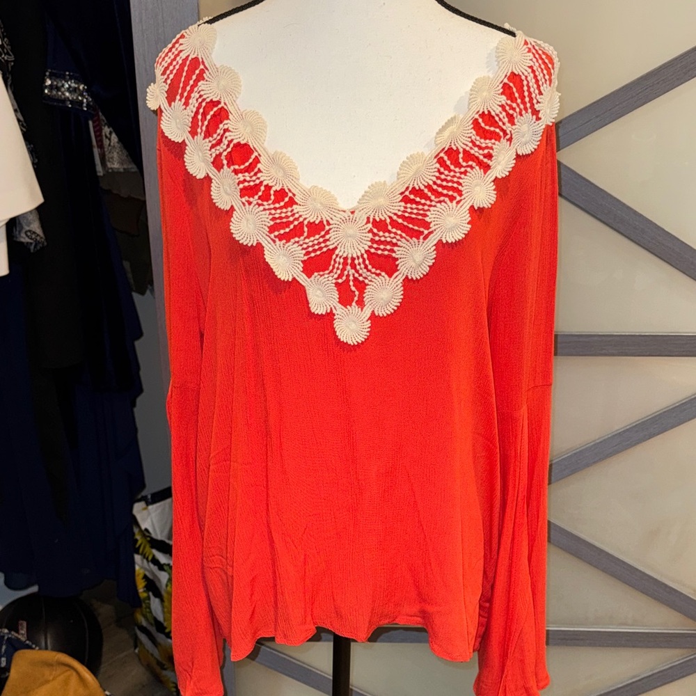 Entro Vibrant Orange Blouse with Cream Lace